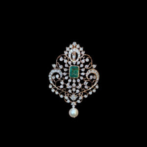 Classic Emerald & Diamond Scroll Pearl Rose Gold Pendant