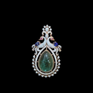 Majestic Peacock Emerald Drop & Sapphire Rose Gold Pendant