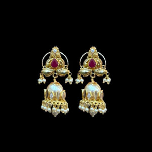 Regal Ruby & Pearl Gold Lotus Jhumka Earrings