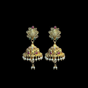 Majestic Ruby Antique Gold Pearl Jhumka Earrings