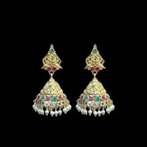 Ornate Ruby & Emerald Gold Pearl Jhumka Earrings