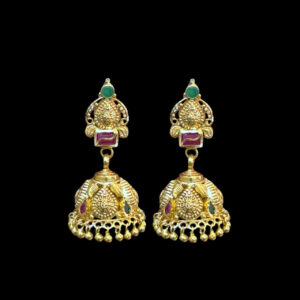 Regal Ruby & Emerald Antique Gold Jhumka Earrings