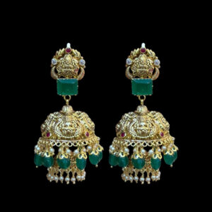 Divine Lakshmi Antique Gold Emerald Jhumka Earrings