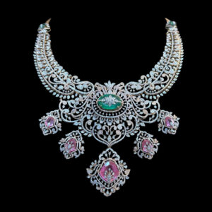Grand Emerald & Pink Sapphire Diamond Bridal Necklace