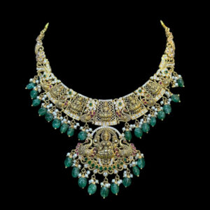 Grand Lakshmi Antique Gold Two-Tier Emerald Temple Necklace