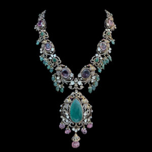 Regal Victorian Emerald & Pink Sapphire Drop Necklace