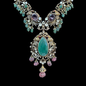 Regal Victorian Emerald & Pink Sapphire Drop Necklace