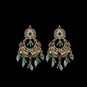 Ornate Ruby & Emerald Antique Gold Chandbali Earrings
