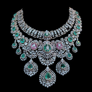 Grand Diamond Emerald & Ruby Bridal Necklace