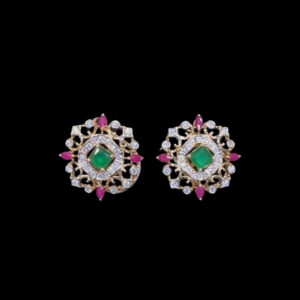 Radiant Emerald & Ruby Rose Gold Diamond Studs