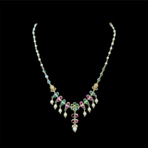 Graceful Ruby & Emerald Floral Pearl Necklace