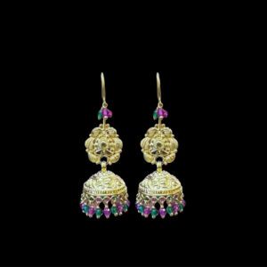 Ornate Ruby & Emerald Bead Gold Jhumka Earrings