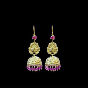 Radiant Ruby Bead Gold Jhumka Earrings