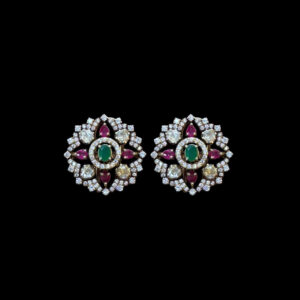 Regal Ruby Emerald & Diamond Floral Studs