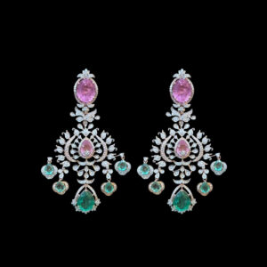 Graceful Pink Sapphire & Emerald Diamond Drop Earrings