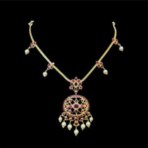 Ornate Temple Ruby Gold Pearl Drop Necklace
