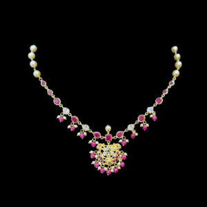 Radiant Ruby & Pearl Gold Floral Necklace