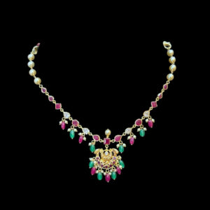 Majestic Chandbali Gold Ruby & Green Bead Necklace
