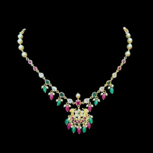 Regal Peacock Gold Ruby & Emerald Bead Necklace