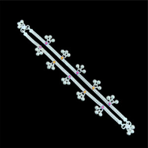 Ornate Silver Floral Pearl Anklets
