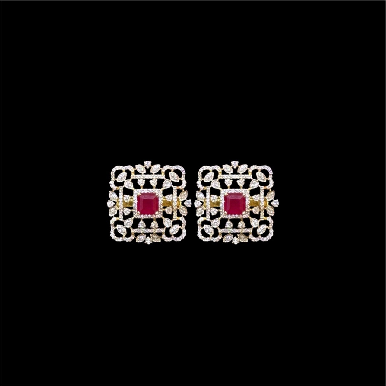 photo_6206479496983024190_y Ornate Ruby-Red Square Diamond Rose Gold Studs in 18 KT gold by Gold Palace, Nellore