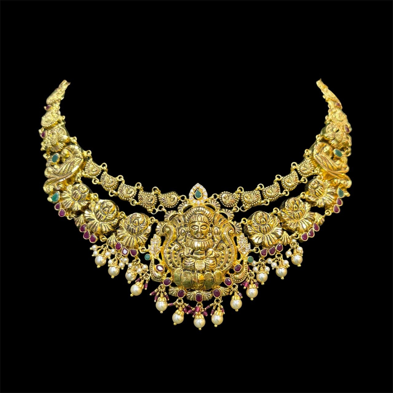 photo_6228962280683016258_y Blooming Rose Lakshmi Antique Gold Necklace in 22 KT gold by Gold Palace, Nellore
