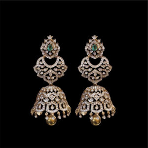 Opulent Emerald-Accent Diamond Rose Gold Jhumkas in 18 KT gold by Gold Palace, Nellore
